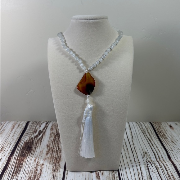 Mindful Movement Moab Jewelry - Selenite Gemstone Bead Handmade Beaded Mala Necklace Agate Slab Guru Bead